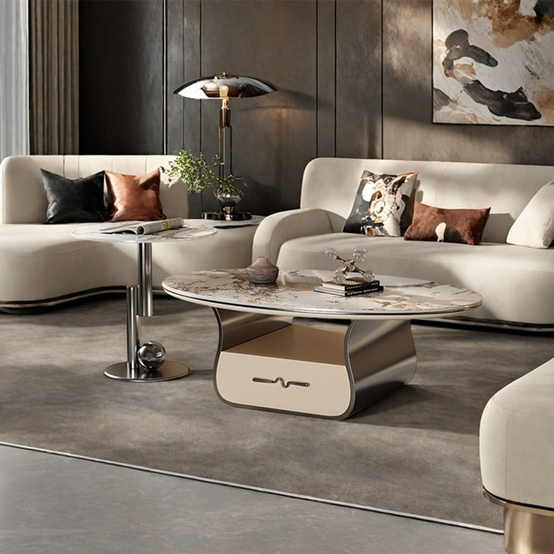 Light luxury oval rock plate coffee table, 16.5" H x 47.2" L x 27.6" W, Grey