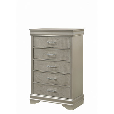 5-Drawer Tall Chest Modern 1Pc Solid Wood Wooden Crocodile Texture Crystal Tufted Handle Bedroom Home Furniture