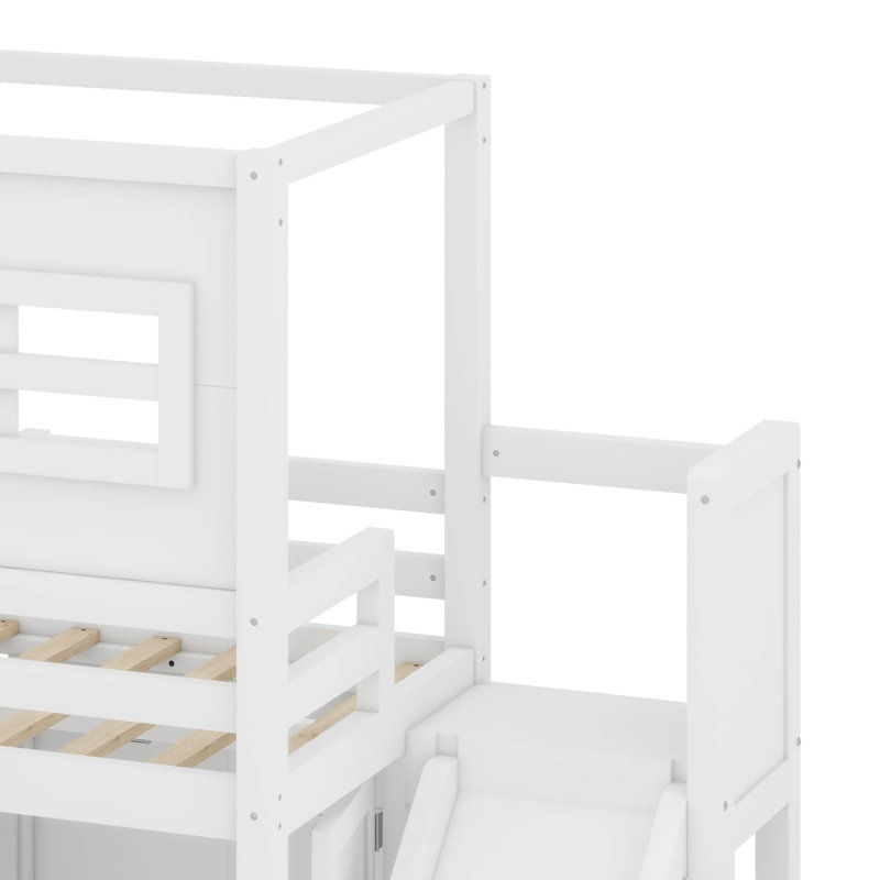 Lit mezzanine simple en bois avec garde-robe, tablettes de rangement, glissoire et lumières DEL