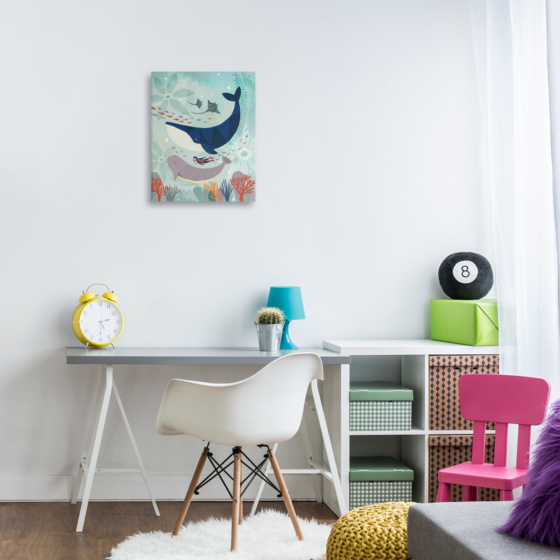 Art mural sur toile "Plongeur parmi les baleines" par Irene Chan, H 20 po x l 16 po