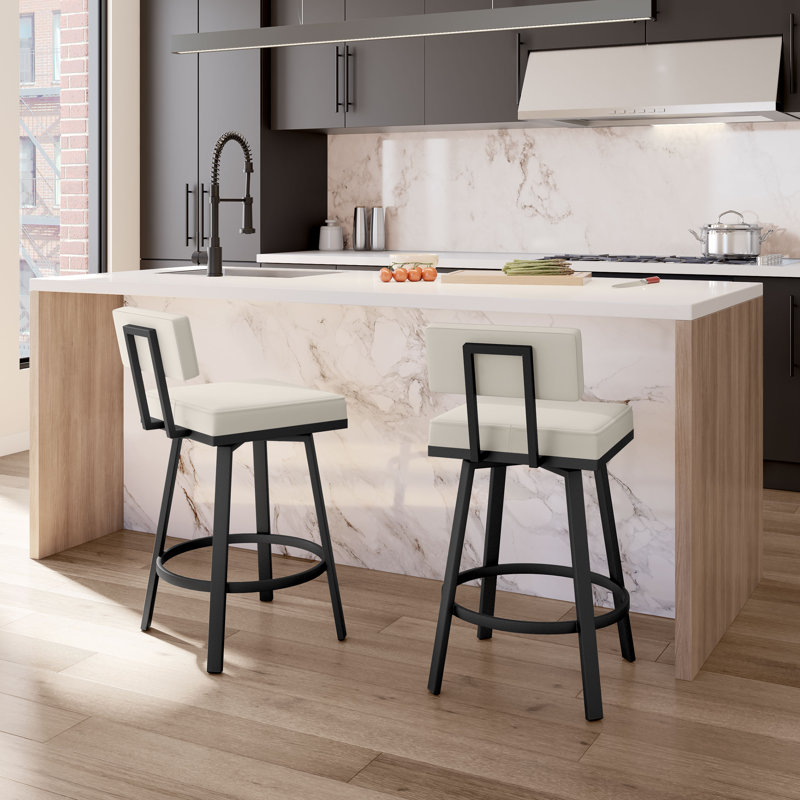 Highbury Swivel Counter & Bar Stool, Counter Stool (25.63" Seat Height), Faux Leather-Off White, Black