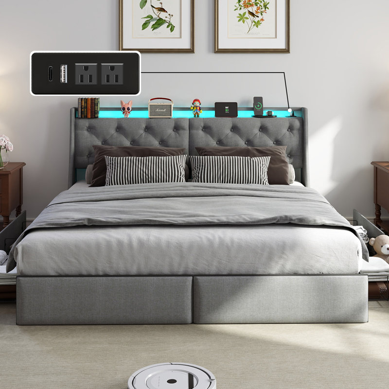 Upholstered Bed Frame with 4 Drawers, Bed with Storage Headboard, Charging Station and LED Lights, King