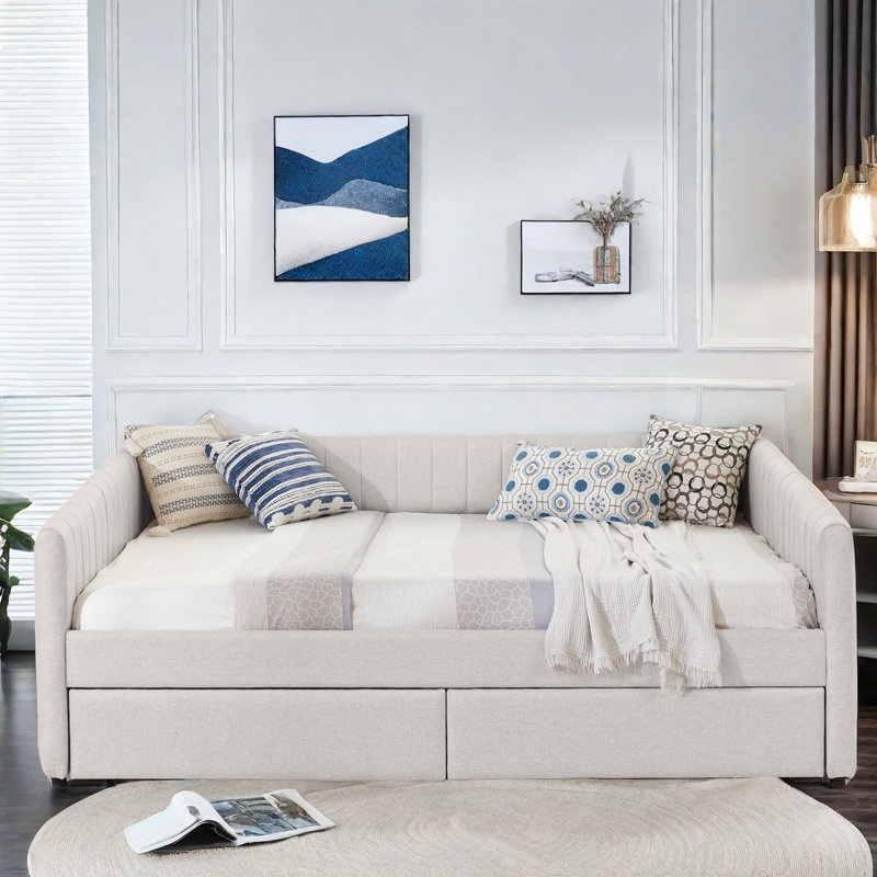 Upholstered Daybed with Two Drawers Tallulah, Beige