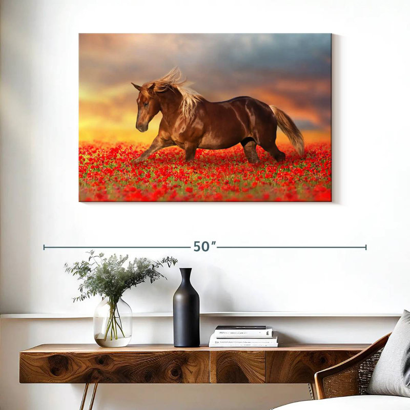 Cheval dans un champ de coquelicots, H 26 po x l 39 po