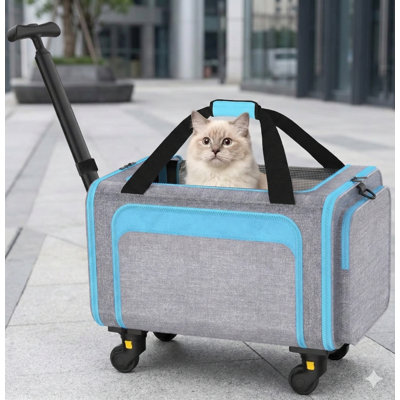 Rolling pet carrier with detachable wheels; dimensions 18 x 11 x 11 inches; TSA airline approved for Southwest, Delta, United, American Airlines; soft-sided expandable travel bag for small dogs and cats up to 15 pounds; fits under seat.