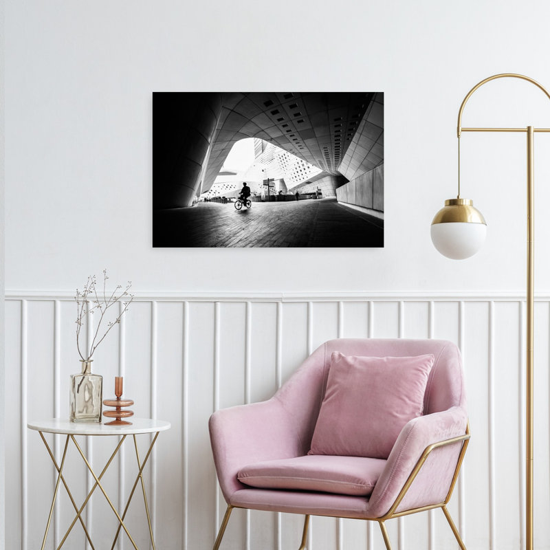 Geometric City Cyclist Abstract Dramatic Geometric Architecture City Wall Art Print, 24" H x 36" W