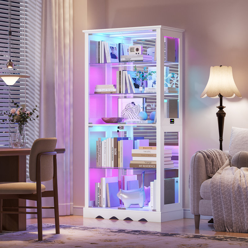 5-Tier Glass Display Cabinet with Lock, Display Cabinet with Human Sensor Function and Color RGB Lights, White