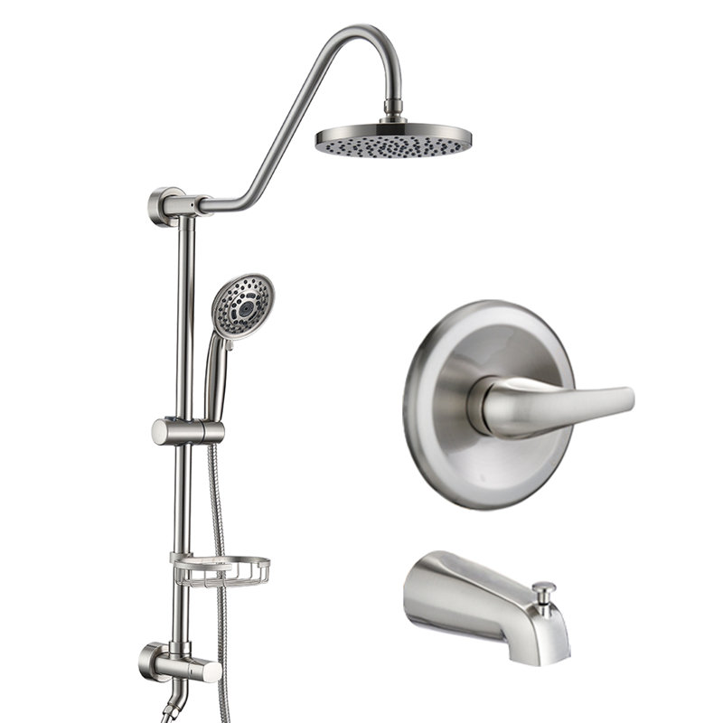 Brushed Nickel Shower Assembly With 8" Rain Head And Diverter Valve Stainless Steel Hose