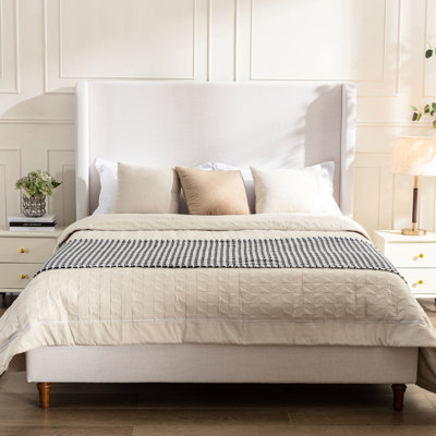 Queen Size Bed Frame With 54" Upholstered Wingback Headboard, Fabric Upholstery, Metal Construction, Walnut - Toned Oak Feet, Bedroom Visual Appeal Featuring Chenille Cover, Frame, Brown Feet Effect,