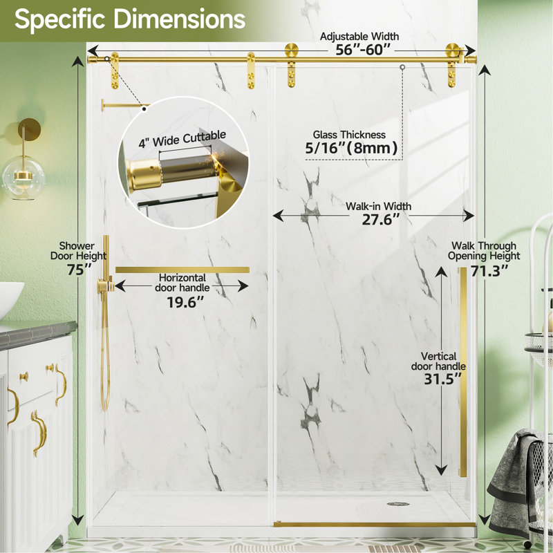 Écran de porte de douche coulissante sans cadre de 56 à 60 po x H 75 po, verre trempé transparent de 5/16 po (8 mm) avec film antidéflagrant