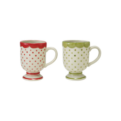 Grande tasse à pied en grès avec rayures à pois et bordure festonnée