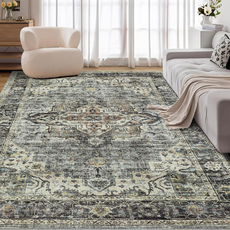 Vintage Area Rug, Washable, Large, Distressed, Non-Slip, Non-Shedding, Low Pile, Living Room, Bedroom, Dining Room, Green.