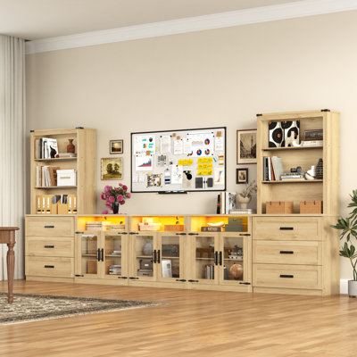 157" Farmhouse Entertainment Center With Bookcases For Tvs Up To 100" – Rustic Wood Wall Unit With Storage Cabinets, Drawers & Open Shelves – Tv Console For Living Room Or Bedroom