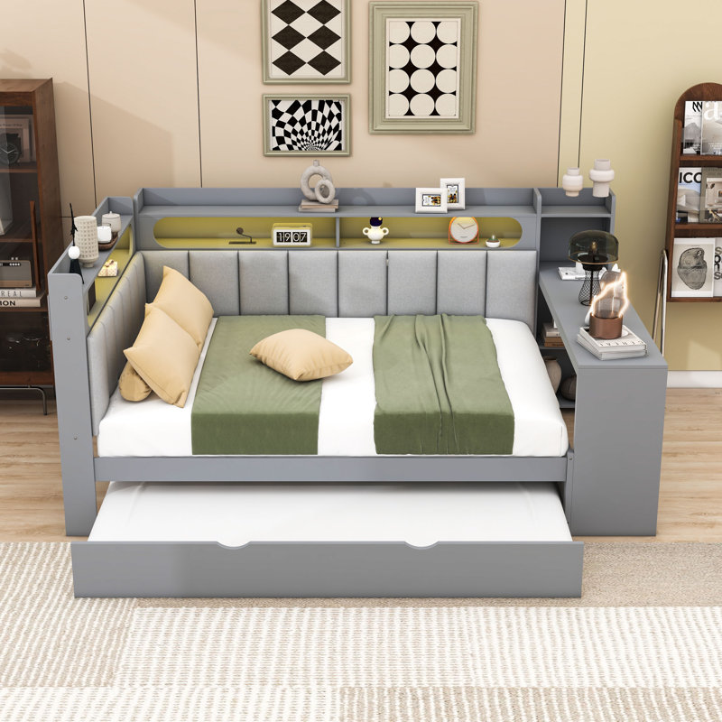 Daybed with Shelves,Trundle,Charging Station,LED Light and Desk, Gray