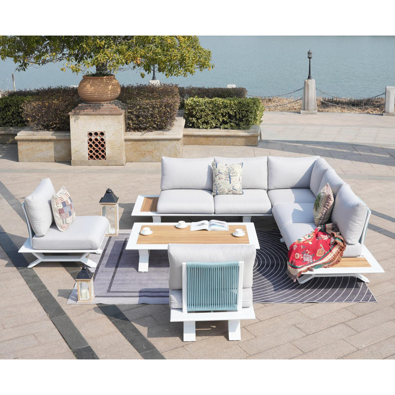 7 - Person Modular Patio Conversation Set with Cushions, White, White