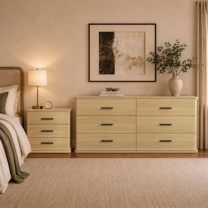 Ensemble de chambre à coucher avec commode et table de chevet 2 pièces Clifford, Chêne naturel