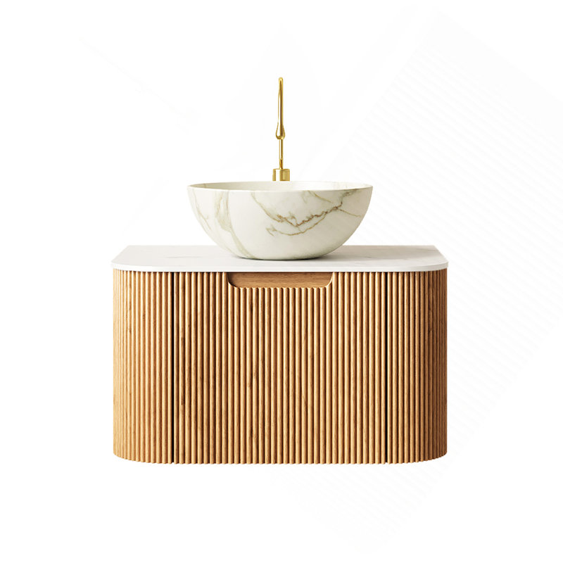 Meuble-lavabo 24 po, meuble-lavabo rayé à bords arrondis avec tiroir, cuve en céramique blanc mat et plateau en pierre frittée blanche, grain de bois naturel pré-assemblé