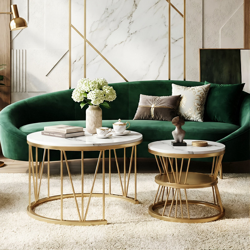 Round Nesting Coffee Tables (70+45Cm), Marble Effect V-Wire Frame With 2-Tier Storage Side Table, Gold
