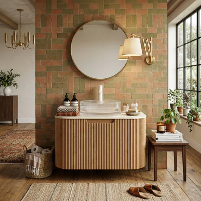 Modern Wall-Mounted Bathroom Vanity, 18Mm Plywood Fluted Cabinet With Sintered Stone Top And Round Sink, 24/30/36/48 Inch