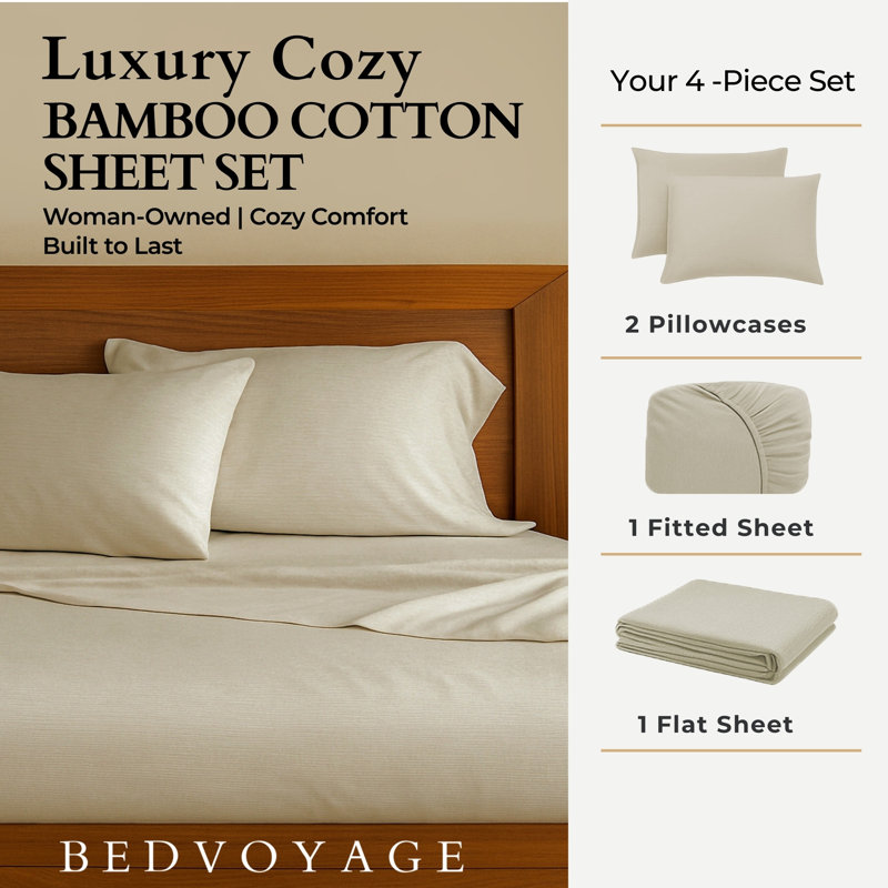 BedVoyage Sheet Set - Viscose from Bamboo + Cotton - Breathable & Cozy, Twin Sheet Set + 1 Fitted Sheet + 1 Pillowcase, Sand