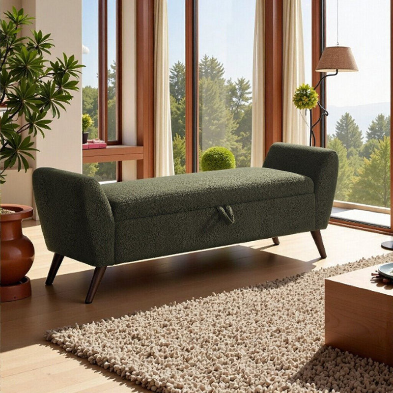 Banc de rangement 60 po UnaMara avec pieds en bois de style Mid-Century, sièges spacieux et rangement caché pour le salon et la chambre à coucher