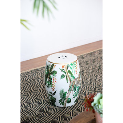 13x13x18 Inches Ceramic Stool With Cheetah And Jungle , For Home Decor Themed Garden Lively Artwork Natural Feel, Ideal Family Room Decoration