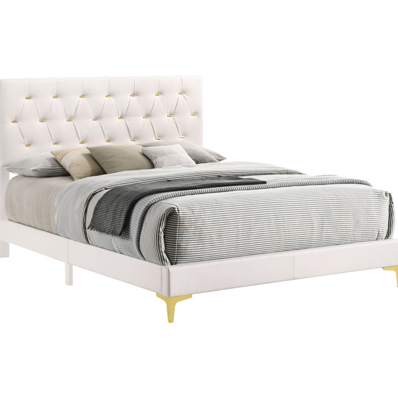 White Upholstered Eastern King Bed With Diamond Stitching, Gold Bar Tufting, And Low Profile Contemporary , Buttons,