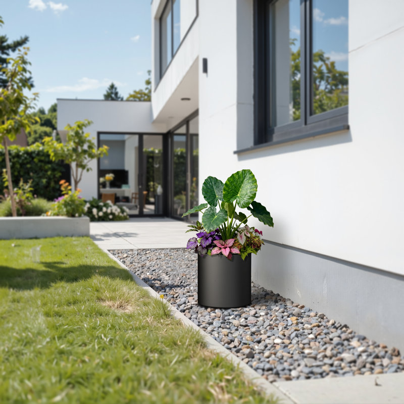 Pot à fleurs rond en béton gris anthracite (intérieur rehaussé) avec trous de drainage, H 10 po x l 10 po x P 10 po