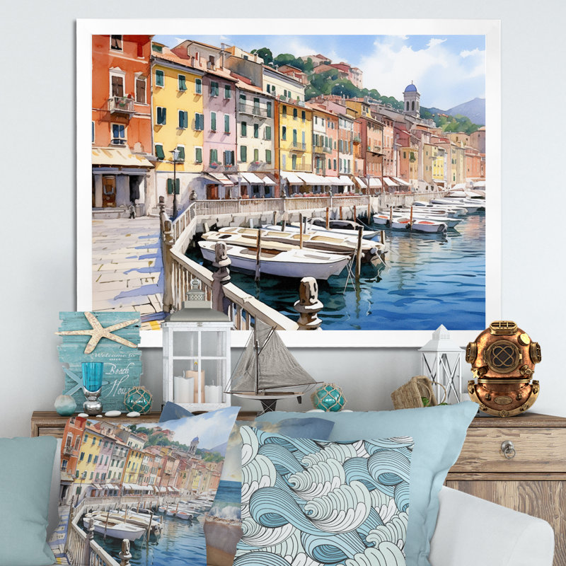 «Italie», charme côtier sur toile, Cadre simple blanc, H 30 po x l 40 po x P 1,5 po