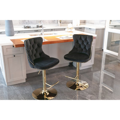 Pivot doré, velours, hauteur de siège réglable, moderne, confortable, noir, tabourets de bar avec dossier, de 2, pub, maison, îlot de cuisine, siège pivotant moderne, hauteur de 25 à 33 po, noir pour 2