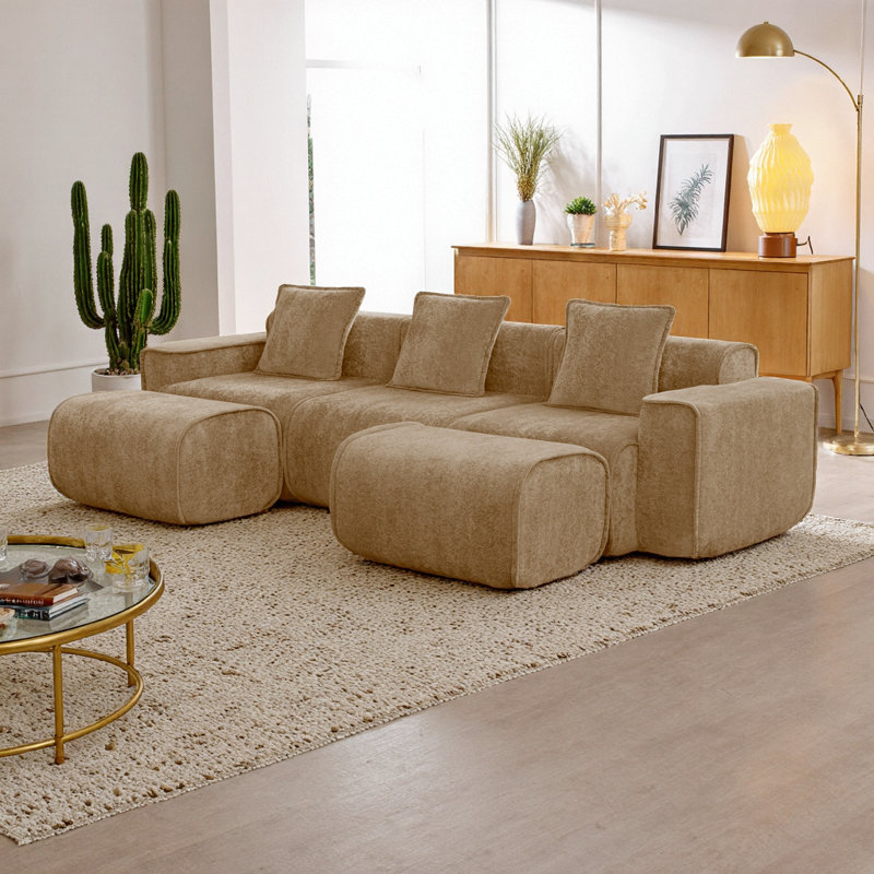 Ensemble de canapé de luxe en velours modulaire avec repose-pieds - sans assemblage, confort en nuage et passepoil français