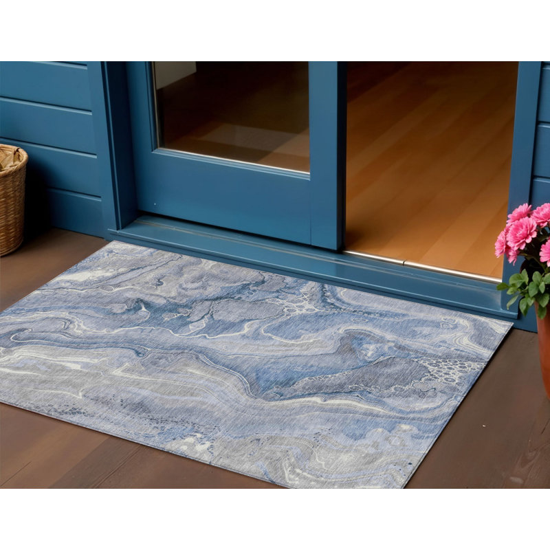 3' X 5' Denim Blue And Ivory Abstract Washable Indoor Outdoor Area Rug