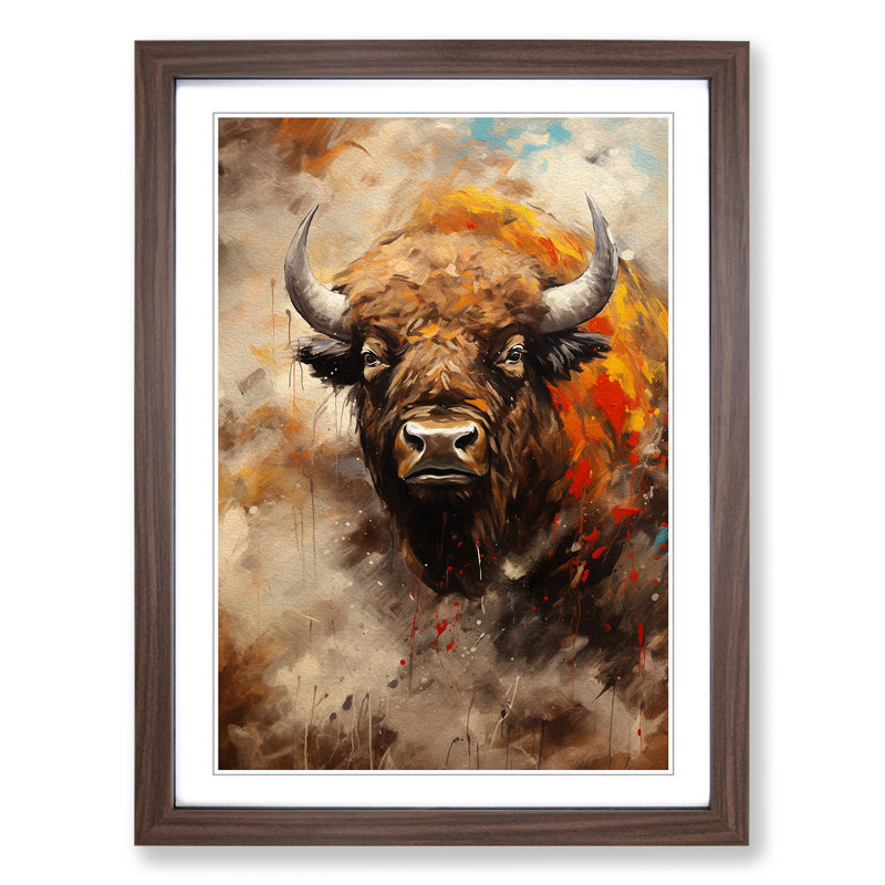 Bison Gestural - Single Picture Frame Print on Wood, Walnut Framed, 64cm H x 46cm W x 2cm D