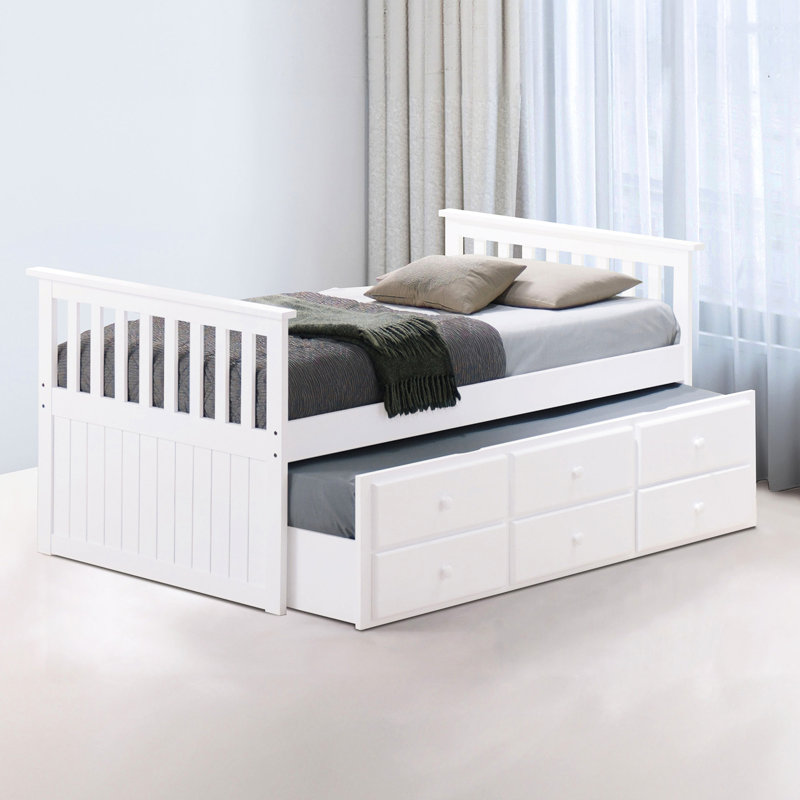 Lit capitaine blanc transitionnel avec lit gigogne et 3 tiroirs, fabrication en bois massif et joint, conception à lattes, unité de rangement pour chambre à coucher Emotion, bois d'ingénierie, contentement