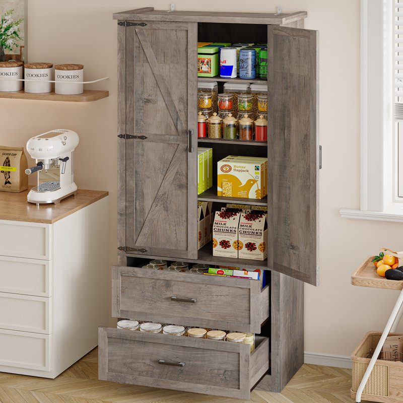 Garde-manger 71 "avec porte de grange avec tiroirs et tablettes réglables pour la cuisine, Gris