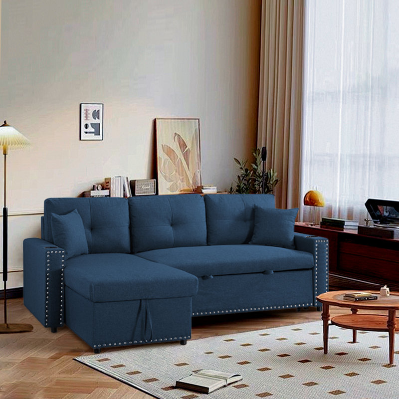 Canapé-lit modulaire convertible en L avec méridienne de rangement et lit escamotable, 100 % polyester bleu marine