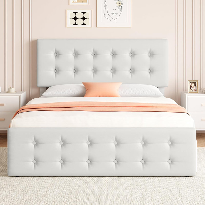 Lit de rangement double rembourré avec 4 tiroirs, capitonné, beige, Beige, Lit double