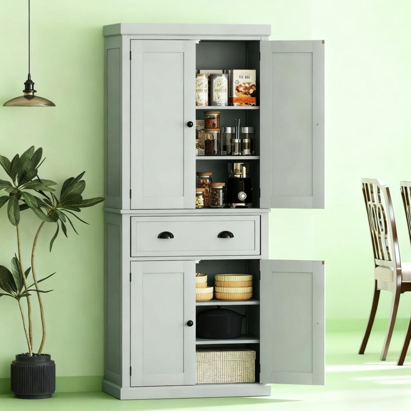 Garde-manger autoportant de 72,5 po de style Shaker, avec tiroir profond et 4 tablettes pour une utilisation multiple dans une armoire grise, beaucoup d'espace de rangement, des tablettes réglables, des portes à fermeture magnétique