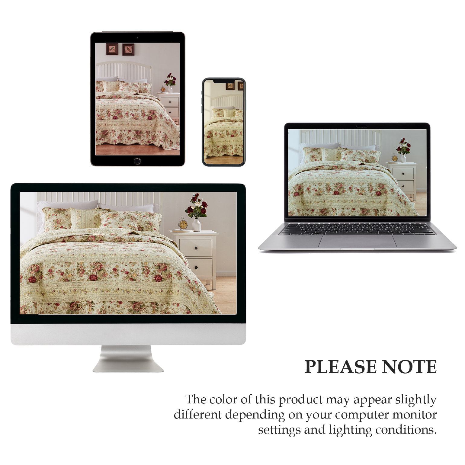 Antique Rose Cotton Quilt Set, Full/Queen Quilt + 2 Shams, Ecru