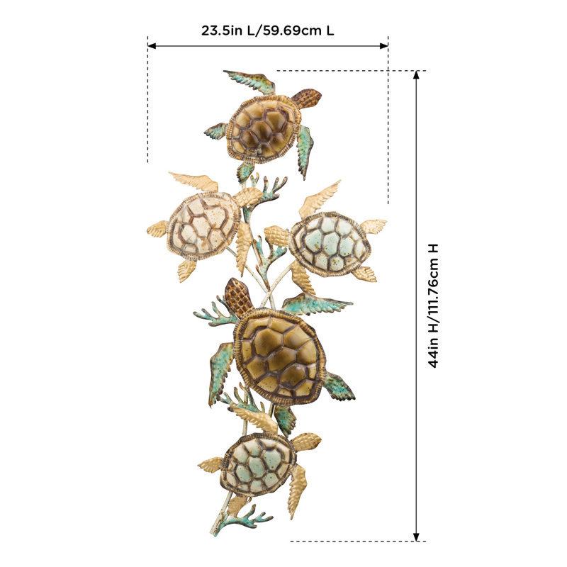 44 Inch Metal Swimming Sea Turtles Outdoor Wall Decor with Multi-Colored Finish for Indoor and Outdoor Use