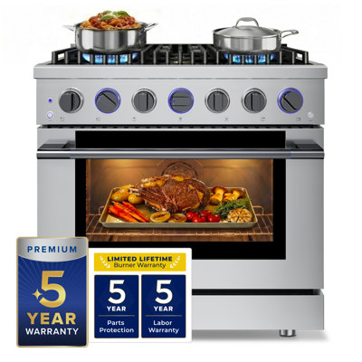 Hauslane 36" Dual Fuel Range In Black Stainless Steel | 6 Burners Up To 20,000 Btus | 5.2 Cu. Ft. Convection Oven With 5 Rack Positions | Convertible Ng/Lp | Cool-Touch Triple-Layer Door