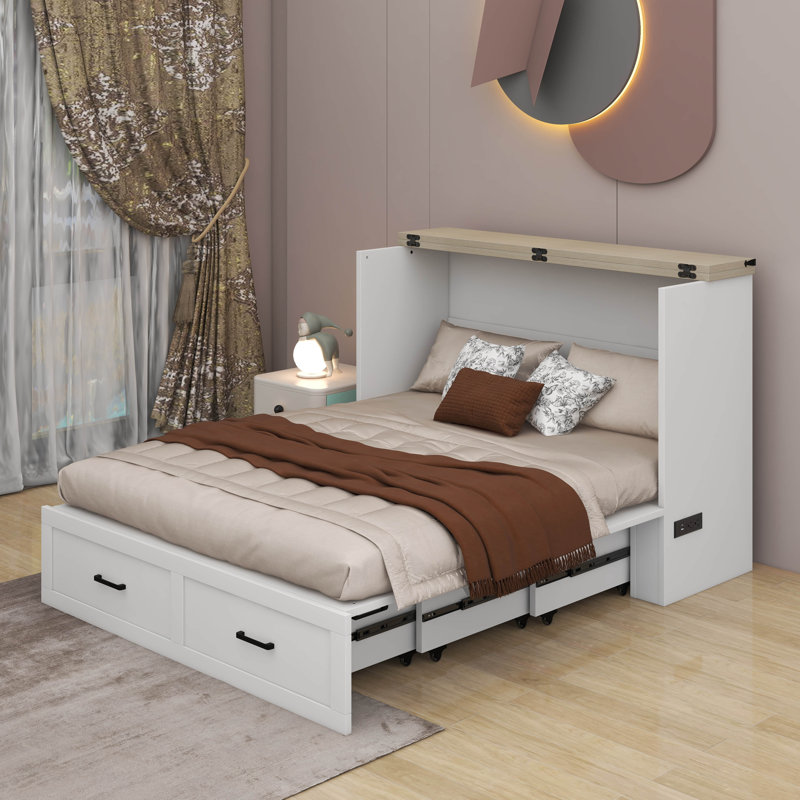 Grand lit escamotable avec station de charge et tiroir, Blanc
