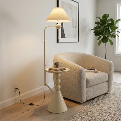 70"Cream Floor Lamp With Side Table Adjustable Height 3 Color Light Pleated Fabric Shade
