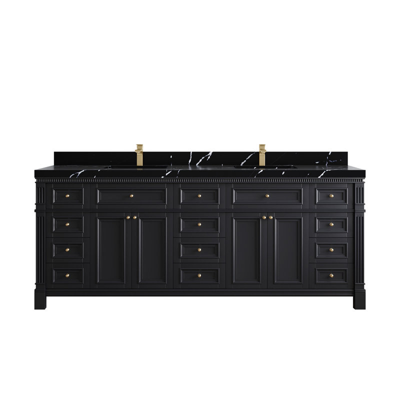 Boîte de rangement de 84 po Jenniferlynn X P 22 po Meuble-lavabo double D, Noir Calacatta