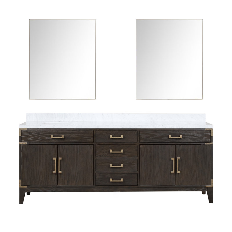 Meuble-lavabo double l 84 po x 22 po Laurel, Chêne noir, Marbre de Carrare blanc