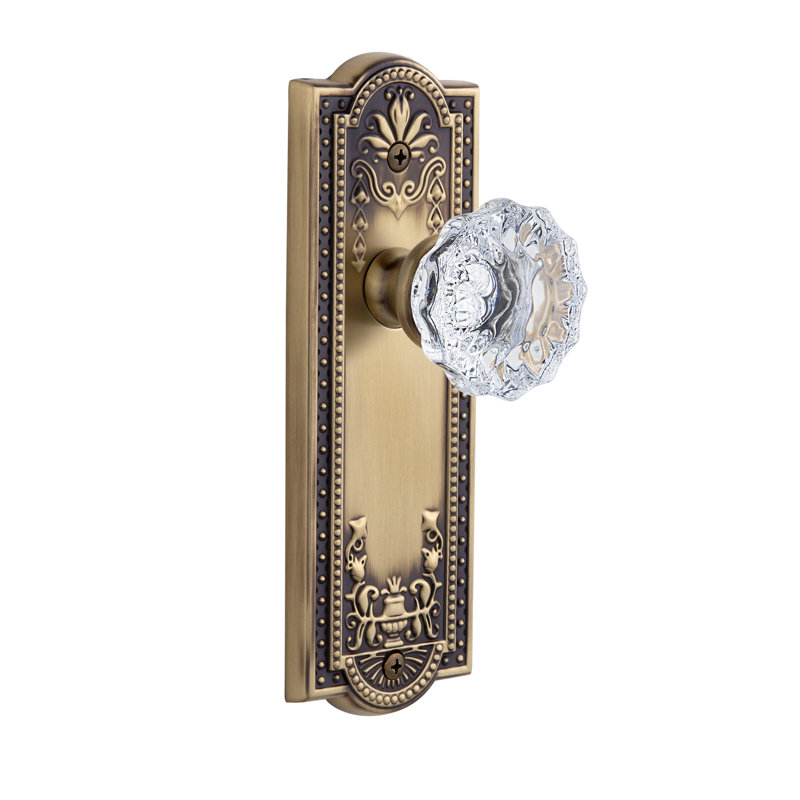 Grandeur Parthenon Plate Privacy with Fontainebleau Crystal Door Knob, Vintage Brass, 2 3/8"