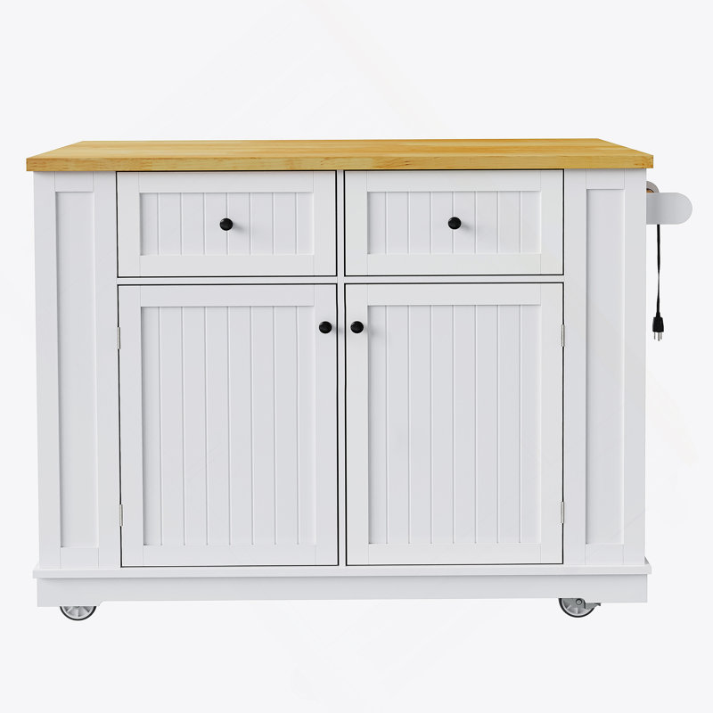 Grand îlot de cuisine de 48 pouces avec rallonge, prise de courant, support de rangement interne, chariot de rangement roulant sur 5 roulettes avec 5 supports latéraux ouverts pour la cuisine, blanc (deux paquets) (sans les tabourets)