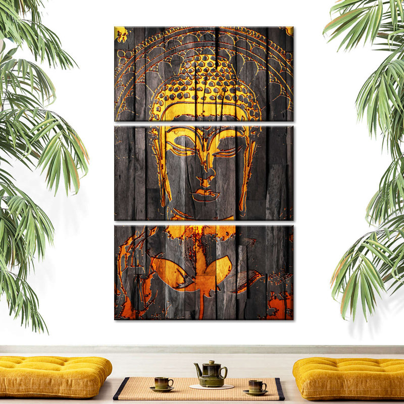 Bouddha, Bouddha rustique sur toile, 3 pièces, H 24 po x l 38 po x P 1,25 po