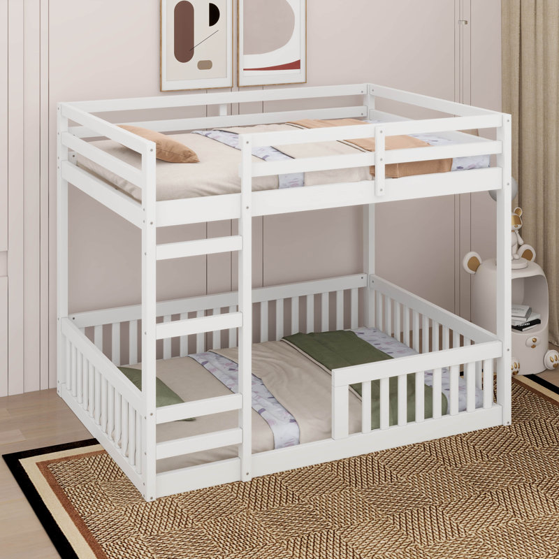 Full Over Full Wood Bunk Bed With Ladder Guardrails, White