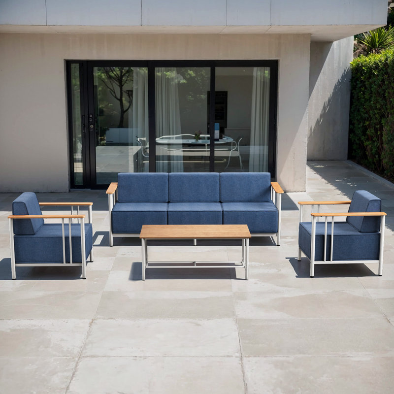Coan Outdoor Patio Modern Style Metal Conversation Set Seating Group With Coffee Table, Blue Cushion/White Frame